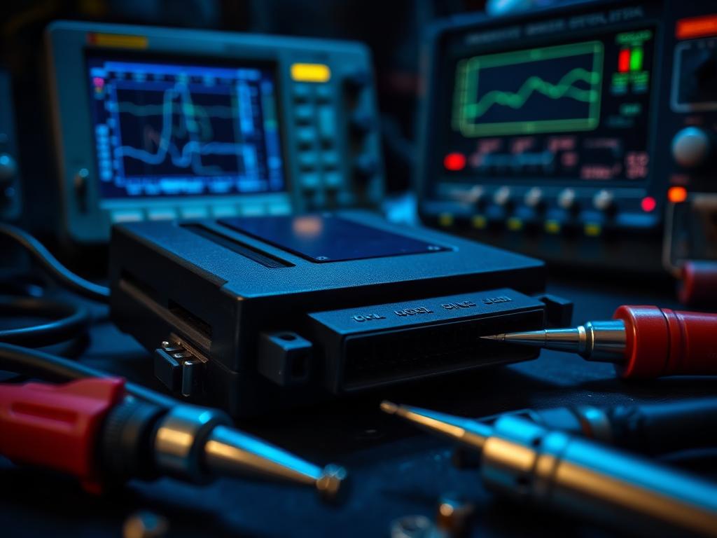 Bancada eletrônica com módulos automotivos e osciloscópio